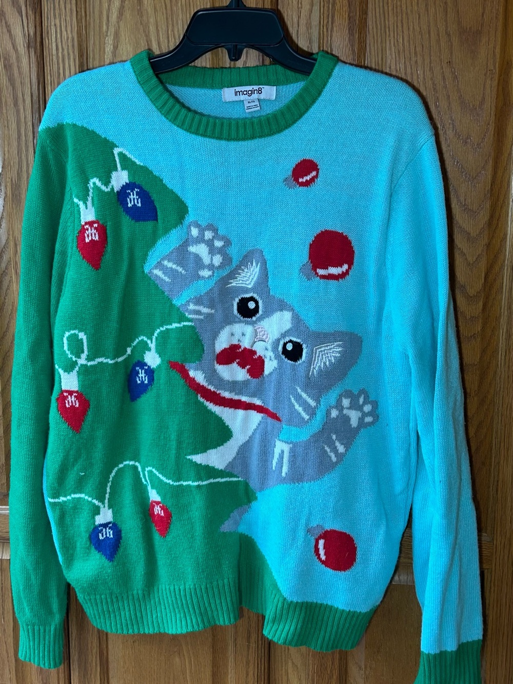 Light Blue & Green Cat Holiday Crewneck Sweater -size XL UGLY SWEATER